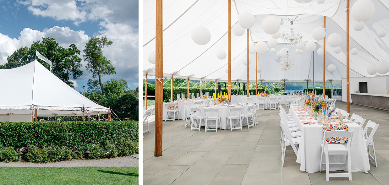 Exterior and interior of the sailcloth tent at The Inn at Taughannock Falls set up for a reception with pink decor and wildflowers