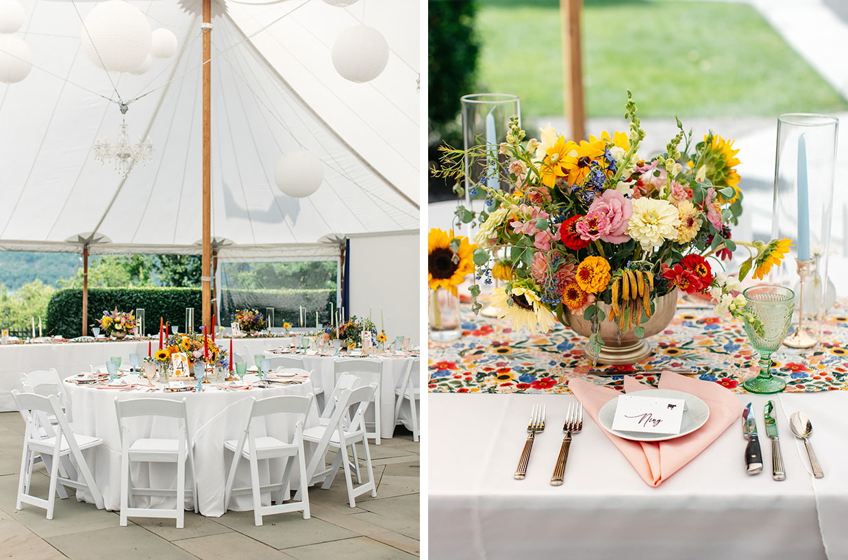 Wildflower table decor inside the sailcloth tent of the Enchantment venue at The Inn at Taughannock Falls