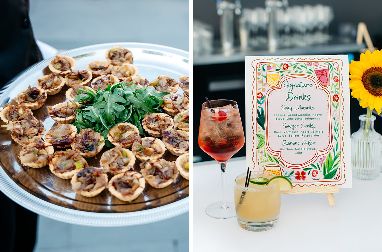 Photo of a signature drink sign with drinks in front of it as well as some passed hors d'oeuvres