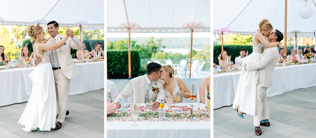 Bride and Groom having their first dance, bride smiling while groom lifts and kisses her, and the bride and groom sharing a kiss at their dinner table