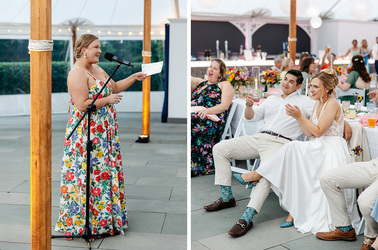 Maid of honor in colorful floral dress giving a toast to the bride and groom who watch, smile, and clap