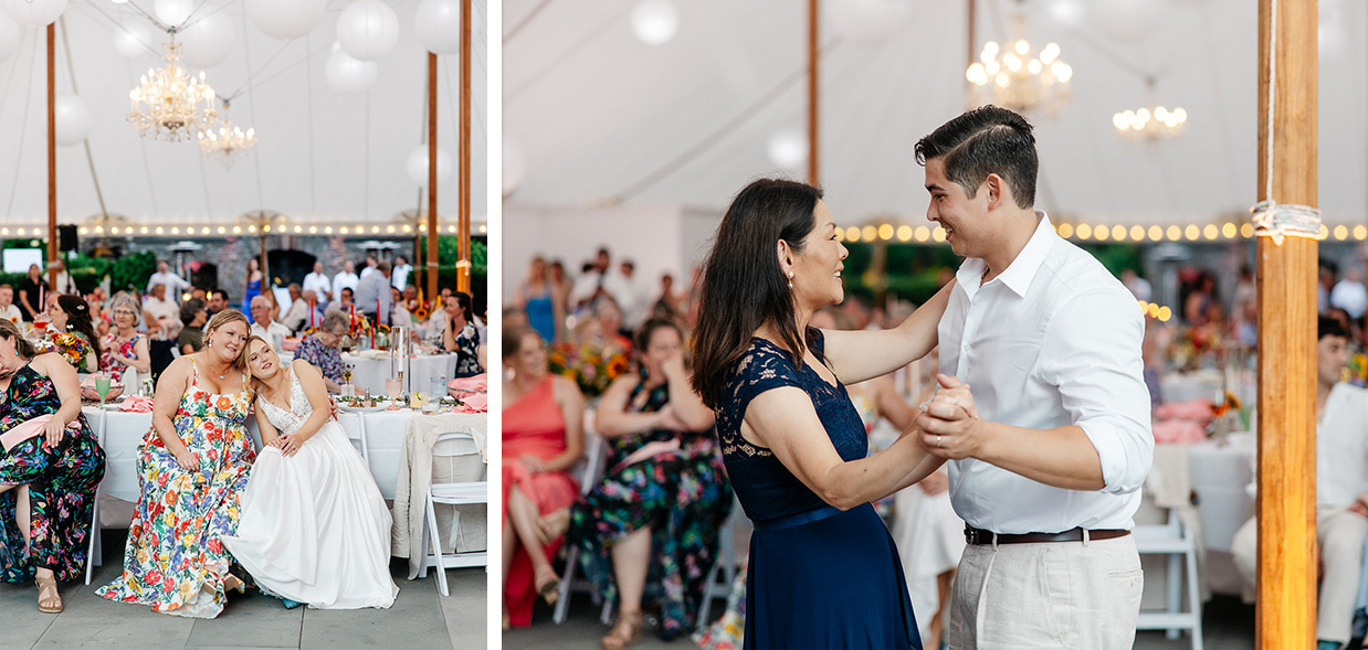 Groom smiling and dancing with his mom as the bride and her sister watch