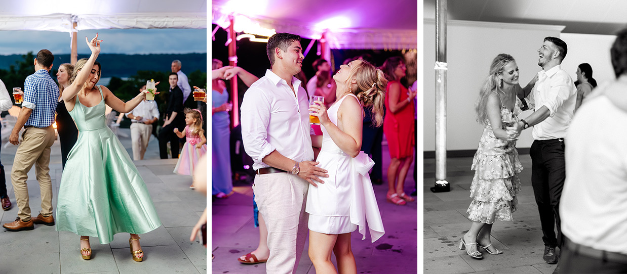 Bride, groom, and their guests dancing at their wedding reception at The Inn at Taughannock Falls