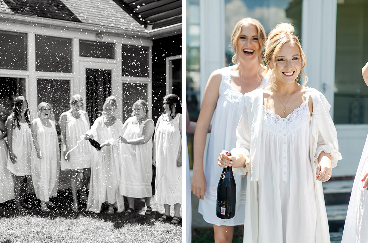 Bridesmaids in vintage nightgowns at Hillside Lakehouse popping champagne and bride smiles