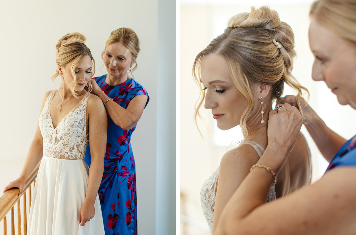 Brides' mom fasten's bride's necklace while getting ready for her wedding day at The Inn at Taughannock