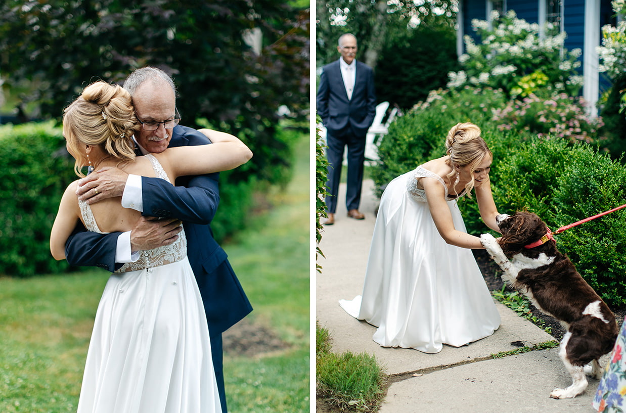 Bride hugs her dad and sees her dog for the first time on her wedding day outside Hillside Lakehouse at The Inn at Taughannock