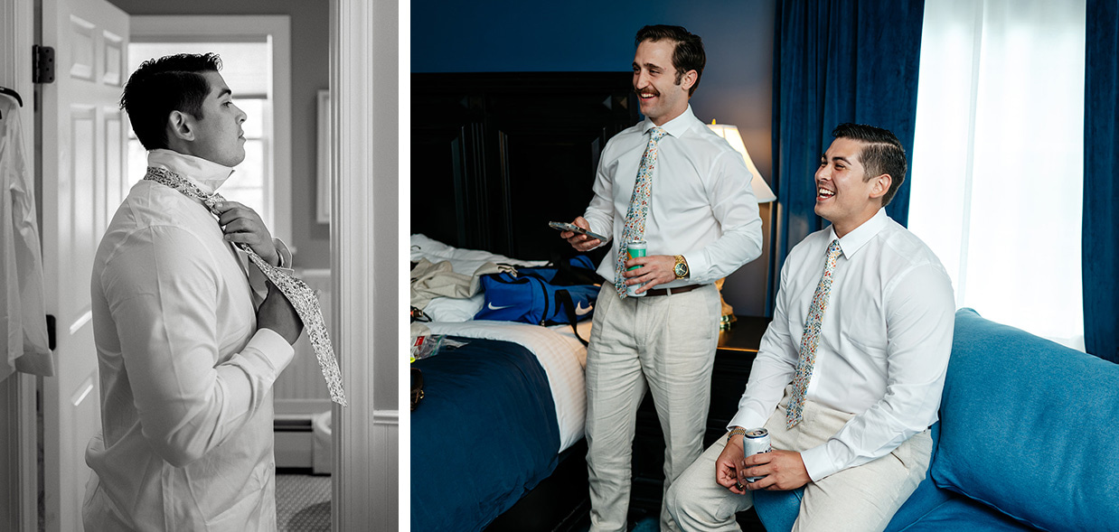 Groom ties his tie and laughs with his groomsmen at the Lakeview house at The Inn at Taughannock