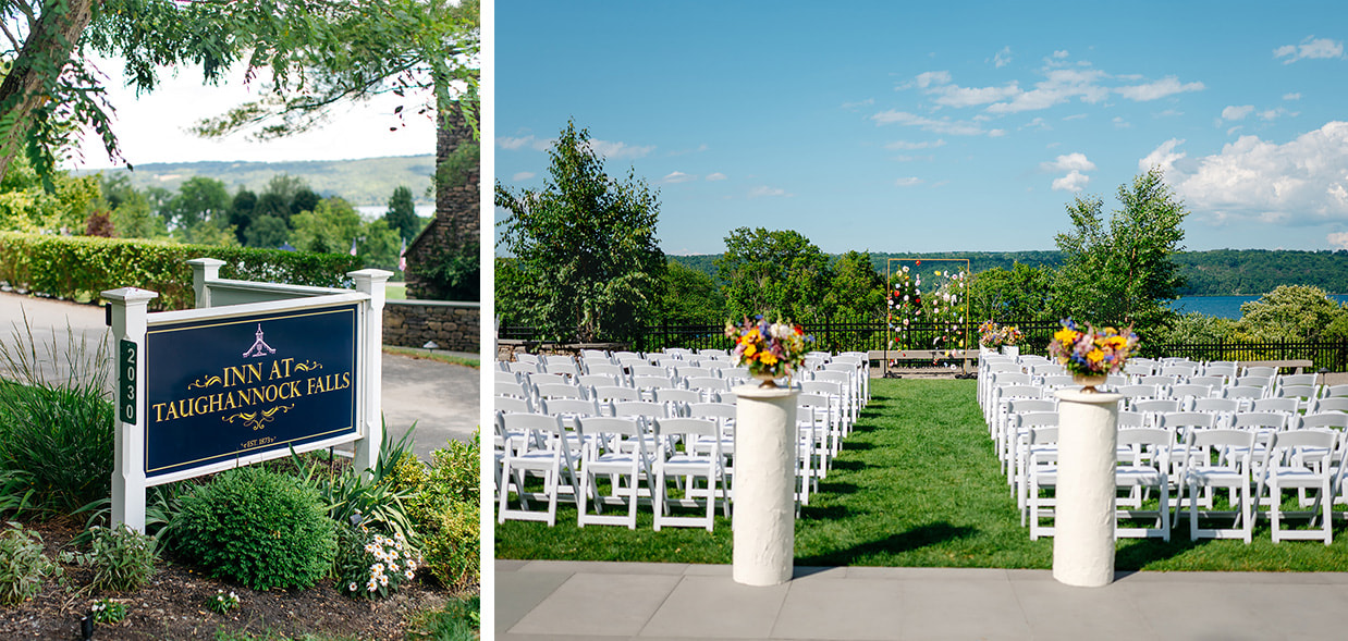 Entrance sign at The Inn at Taughannock Falls and a wedding ceremony setup with white chairs and colorful flowers