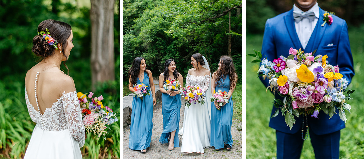 three photos: bride holding a colorful bouquet of flowers with flowers in her hair, bride and bridesmaids holding bouquets, groom in blue suit holding colorful bouquet