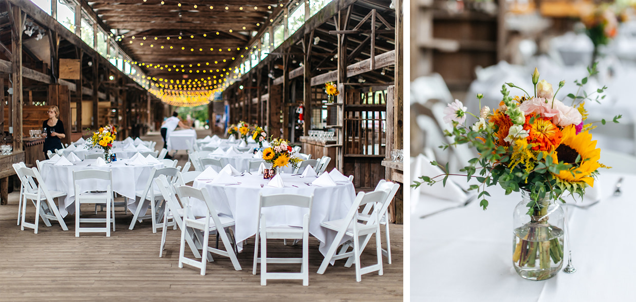 Ithaca farmers market wedding reception with orange, pink, and sunflower centerpieces