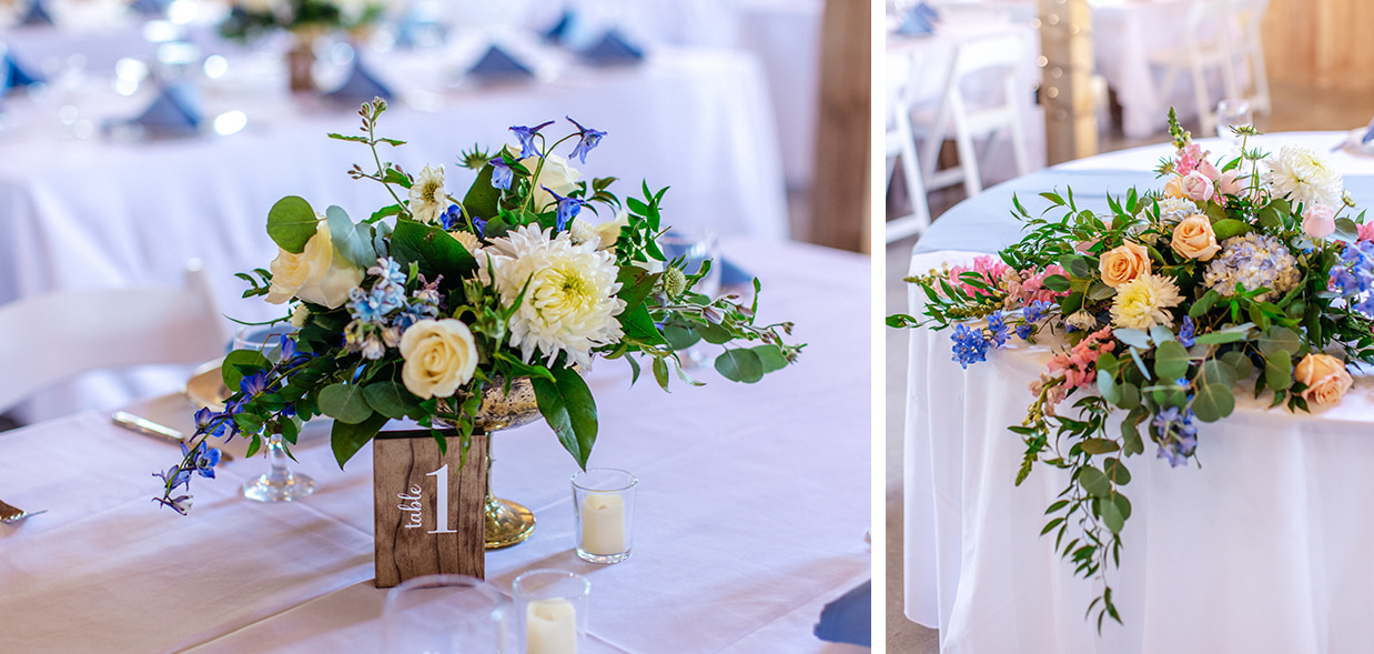 centerpieces and sweetheart table flowers at Dutch Harvest Farm in Ithaca NY