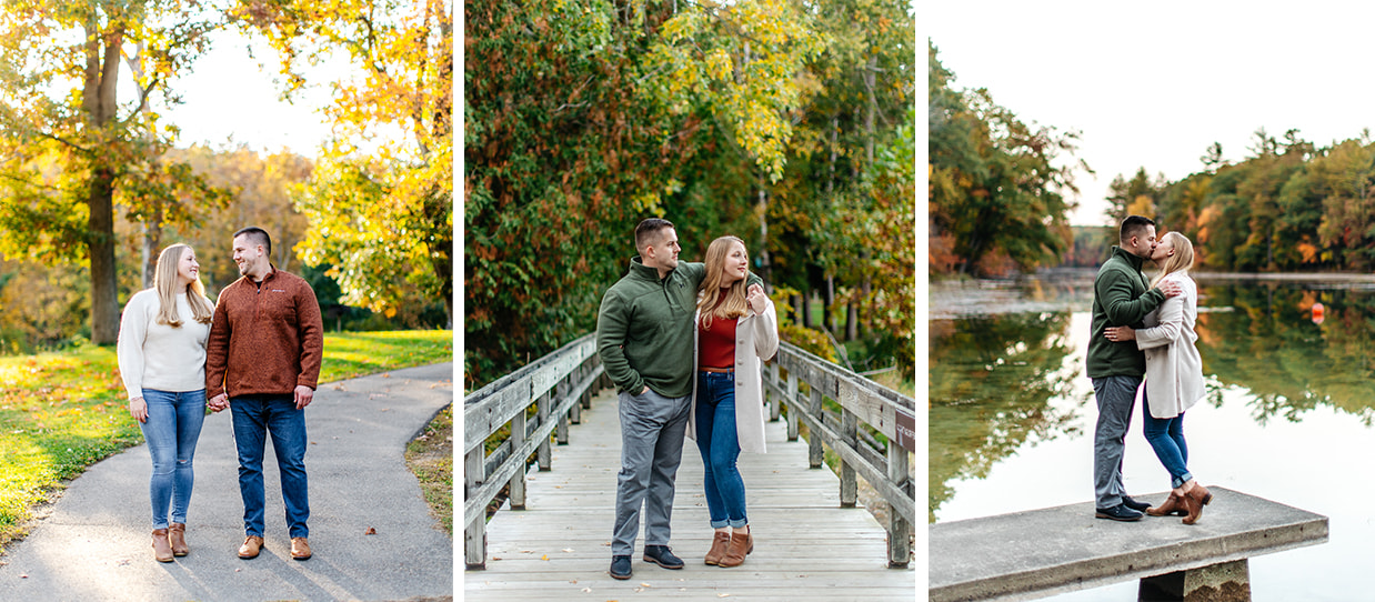 collage of three images of a couple posing in various locations (on a pathway, on a bridge, and on the dock) around Chenango Valley State Park