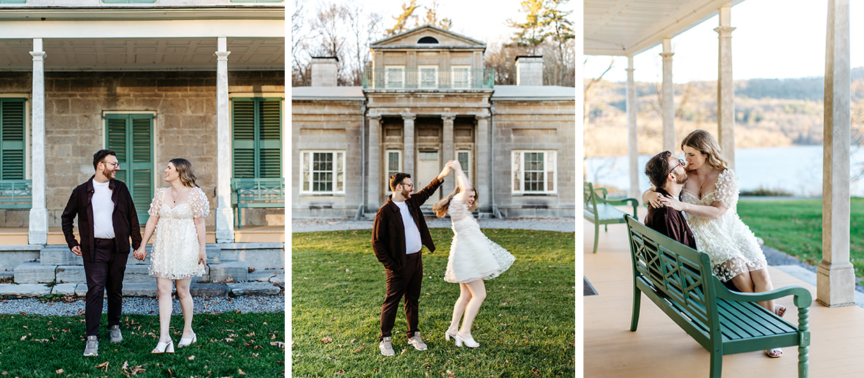 Couple poses for engagement photos in front of and on the porch of Hyde Hall in Cooperstown NY