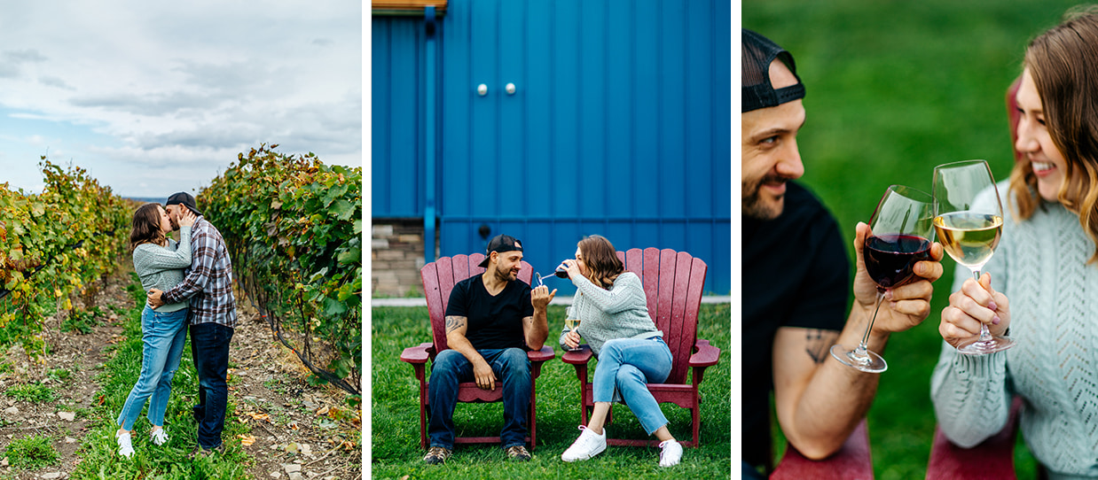 Couple kisses and drinks wine at a vineyard in the finger lakes region for their engagement photos