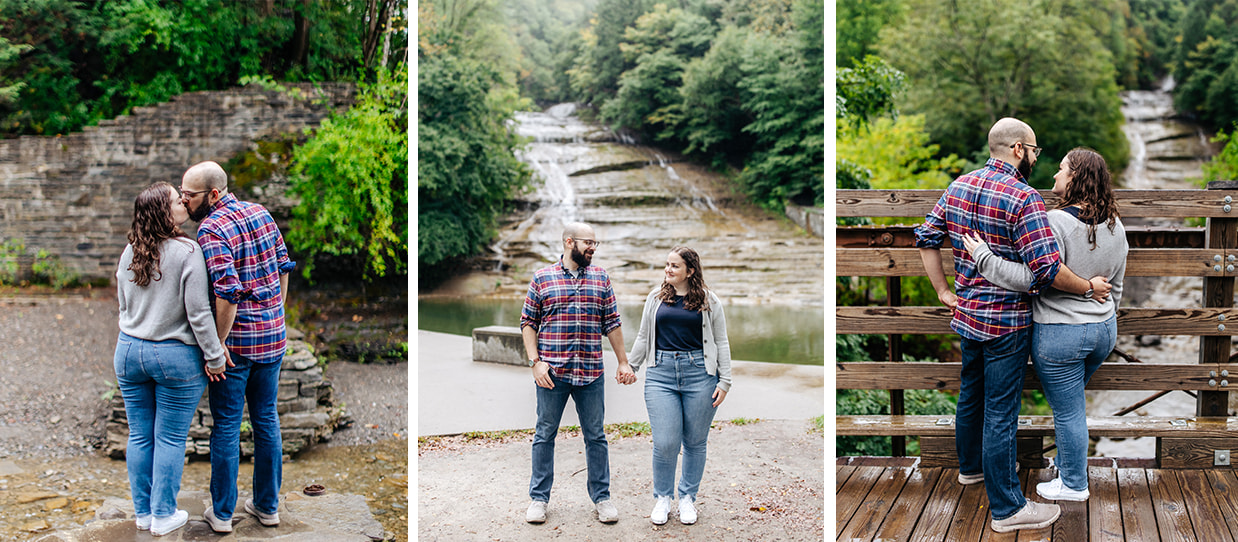 Couple holds hands and poses for engagement photos at Buttermilk Falls State Park in Ithaca NY