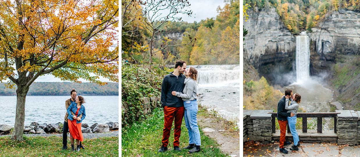 Couple poses for engagement photos while standing in front of Taughannock Falls in Trumansburg, NY