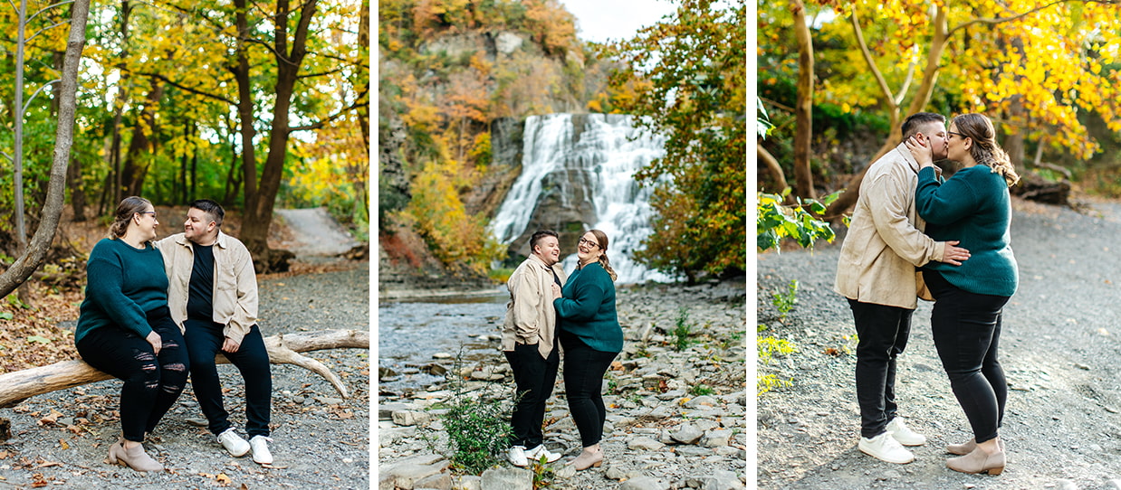 Couple kisses and stands in front of Ithaca Falls in Ithaca, NY