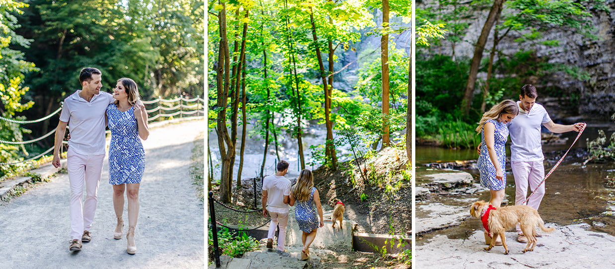 Couple walks the trails and poses for engagement photos at the Cascadilla Gorge Trail in Ithaca NY