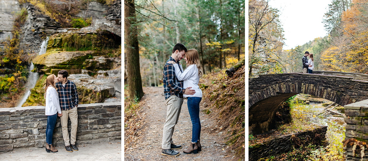 Couple stands on a stone bridge and trail in Robert H Treman State Park in Ithaca NY