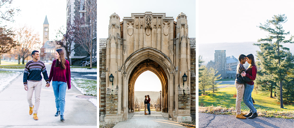Couple holds hands and poses for engagement photos on the Cornell University campus in Ithaca NY