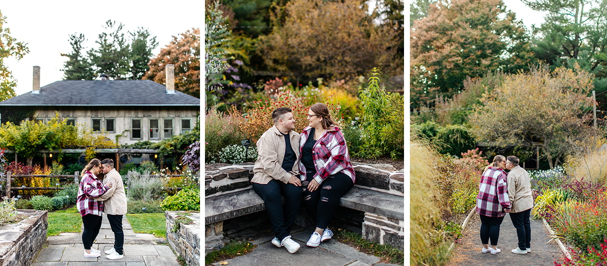 Couple poses for engagement photos at the Cornell Botanic Gardens in Ithaca NY