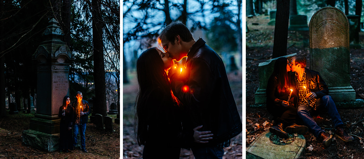 Couple poses at twilight with lit candles for engagement photos in Ithaca City Cemetery in Ithaca NY