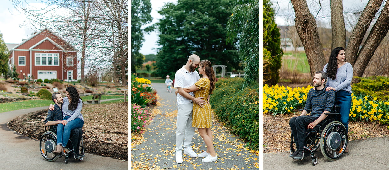 Three images of couples posing for engagement photos in The Cutler Botanic Garden in Binghamton, NY