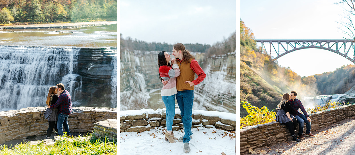 Three photos of couples posing for engagement photos at Letchworth State Park in Castile NY