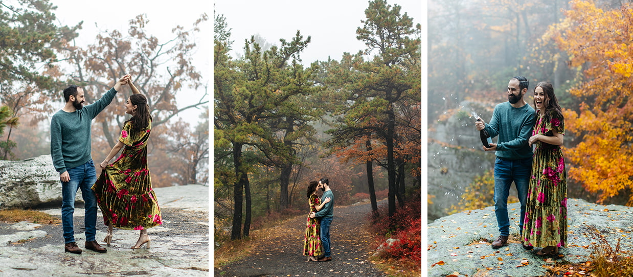 Couple poses for foggy fall engagement photos at Minnewaska State Park in Kerhonkson, NY