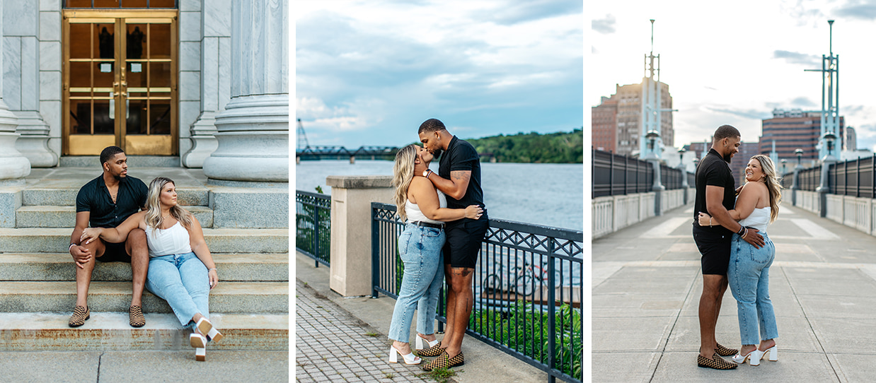 Couple poses for engagement photos on courthouse stairs, by the river, and on a bridge in downtown Albany NY