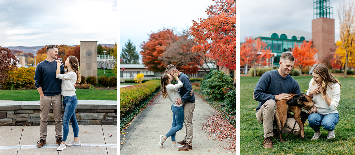 Three photos of a couple posing for engagement photos on the Binghamton University Campus in Vestal, NY