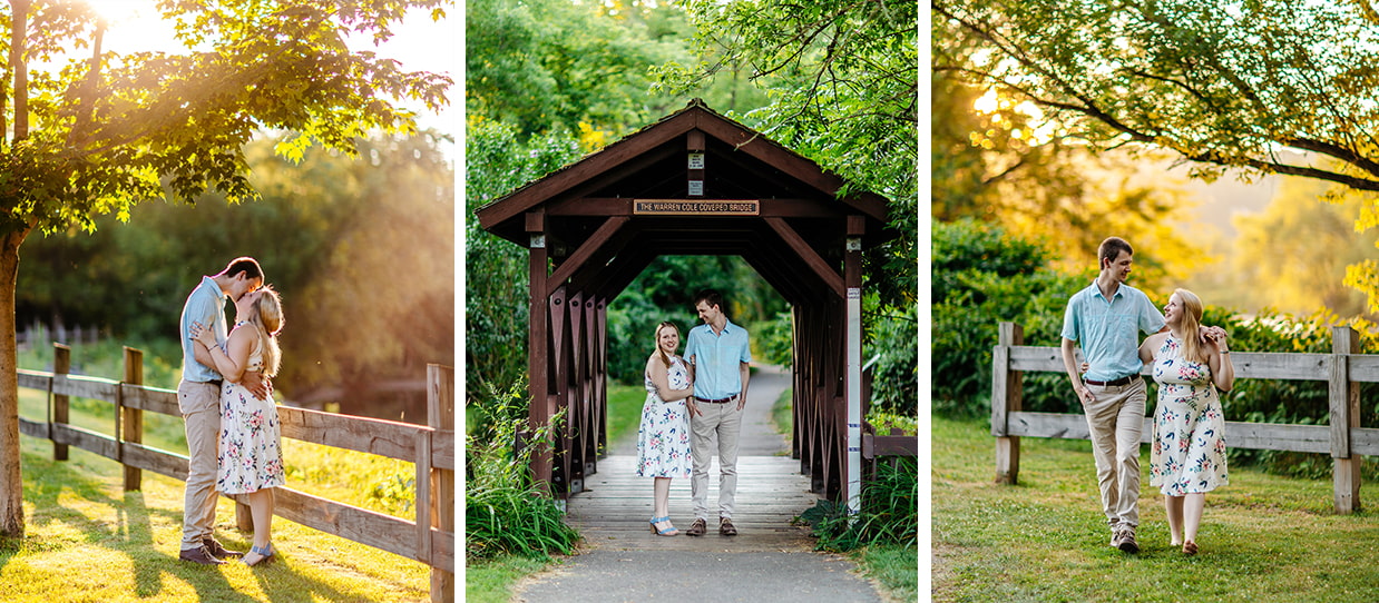Three different images of a couple having engagement photos taken in Keith Clark Park in Sidney, NY
