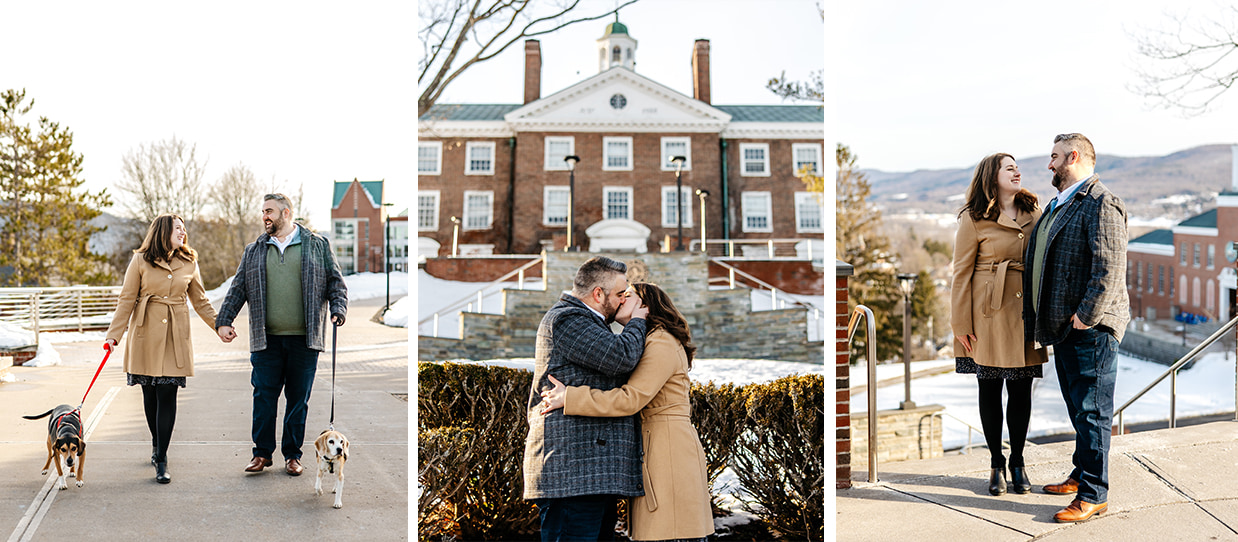 Three different engagement photos of a couple posing in various locations on the Hartwick College campus in Oneonta NY