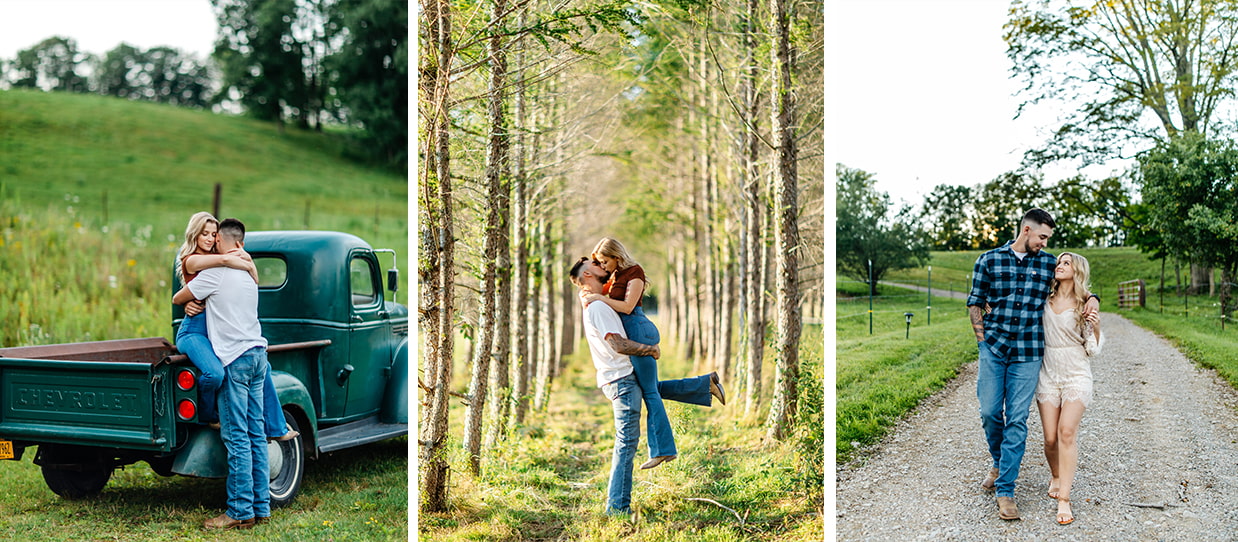 Three images of a couple posing for engagement photos at Far View Farm in Unadilla, NY
