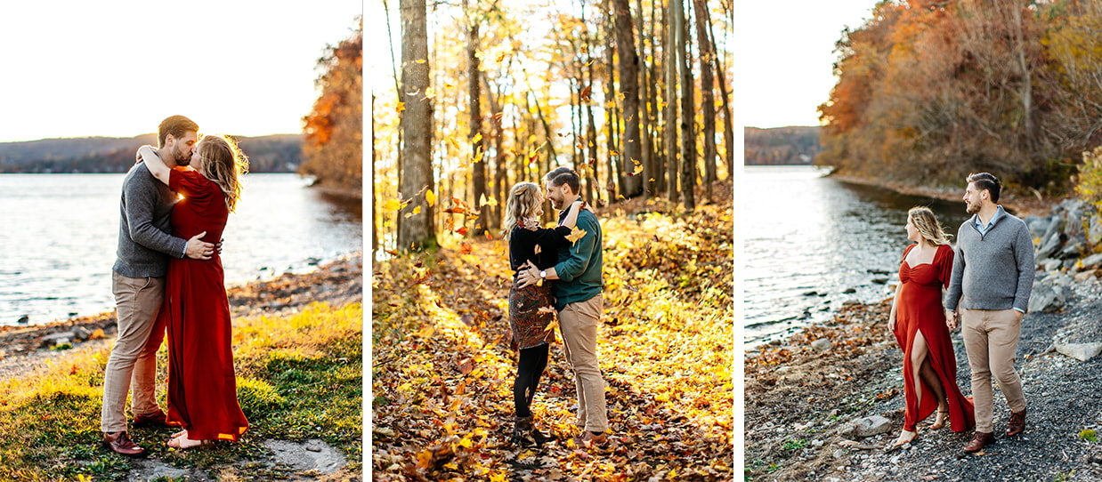 Couple posing for engagement photos in the woods and on the beach at Glimmerglass State Park in Cooperstown NY