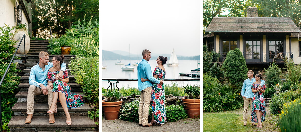 Couple poses for engagement photos at Brookwood Point in Cooperstown NY