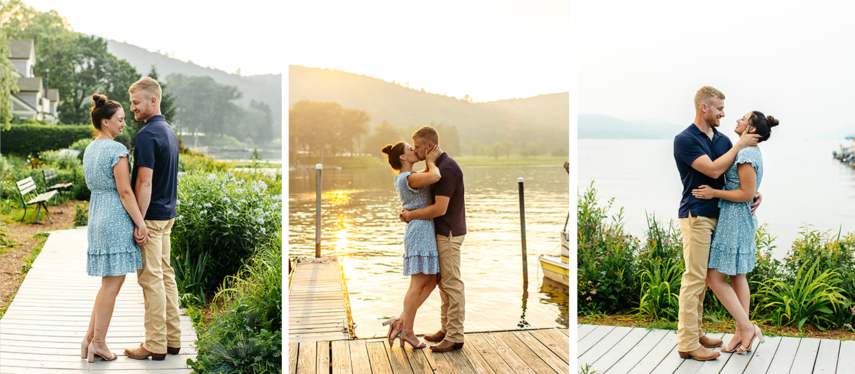 Couple kisses and laughs during engagement photos at Lake Front Park in Cooperstown NY