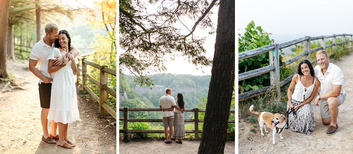 Couple embraces and smiles alongside their dog in front of beautiful views at Thacher State Park in Voorheesville, NY