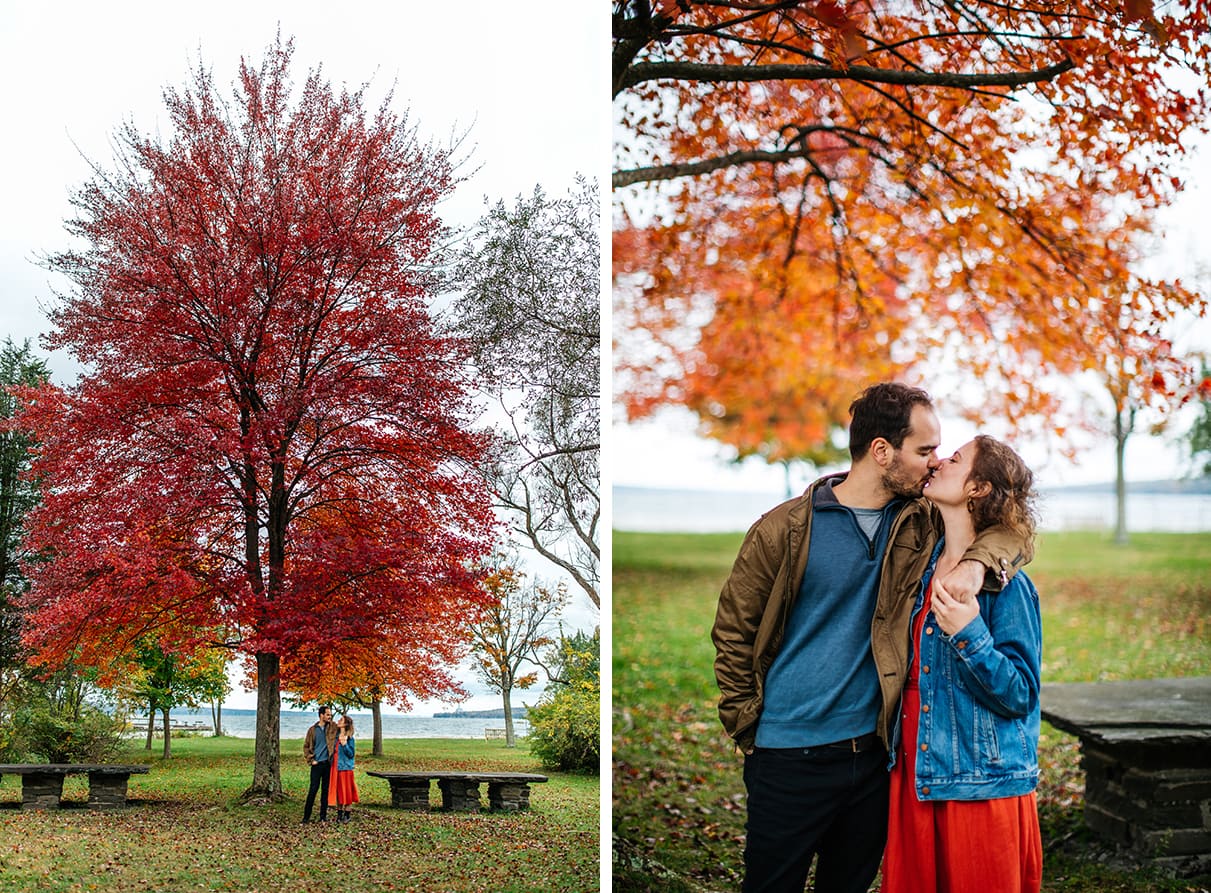 Couple stands under a fire maple tree at Taughannock Falls State Park