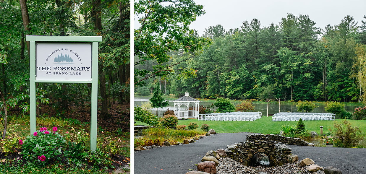 Wooded lakeside wedding ceremony space set up with chairs and a gazebo. A sign that reads 