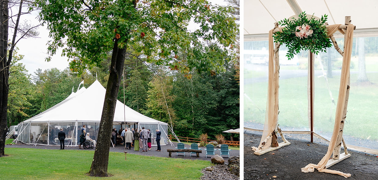 A white birch arbor decorated with fabric and flowers. Guests gathering inside the sailcloth tent before a wedding ceremony