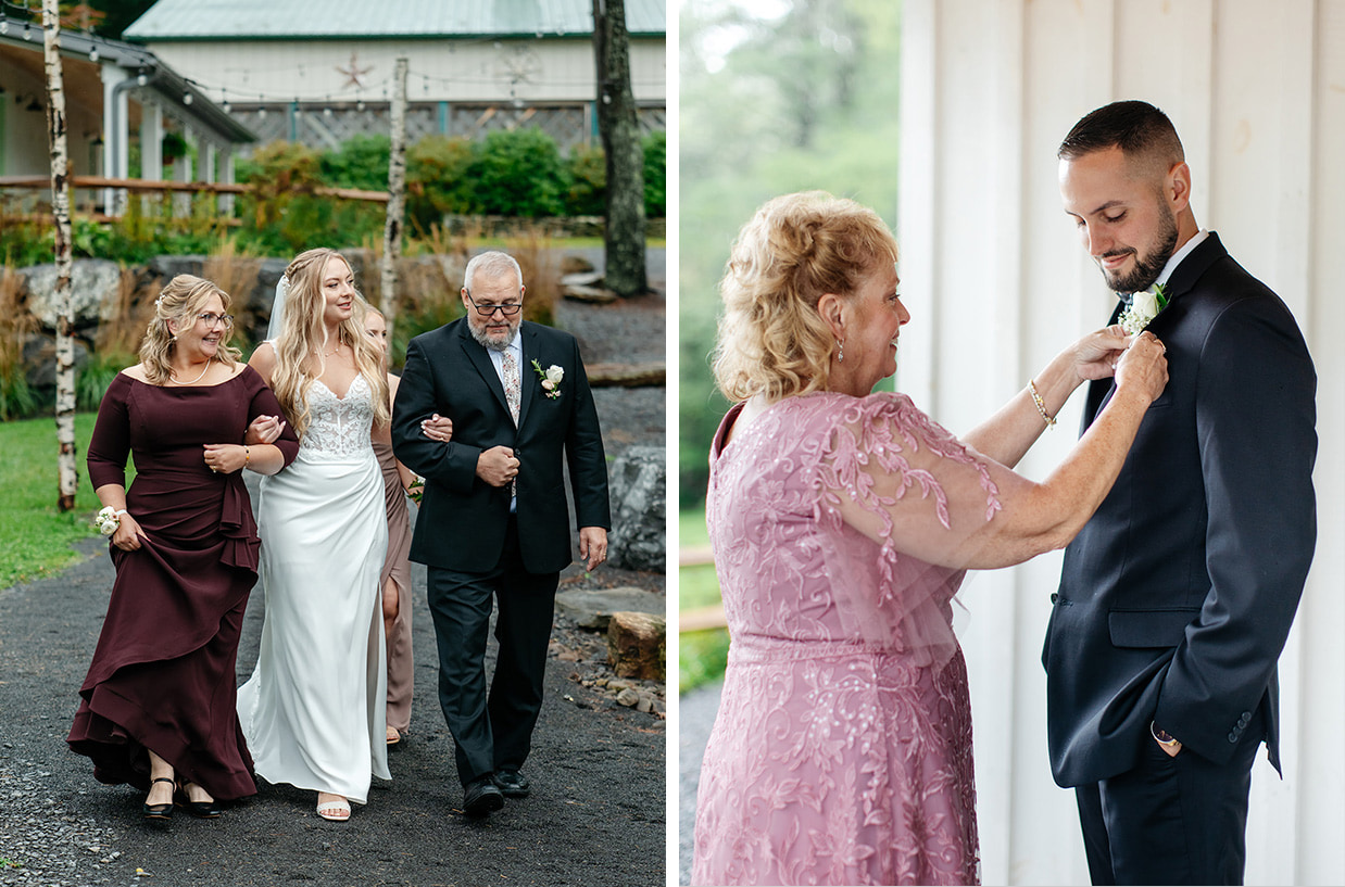 Bride walks arm-in-arm with her parents and sister while the groom's mom pins on his boutonierre