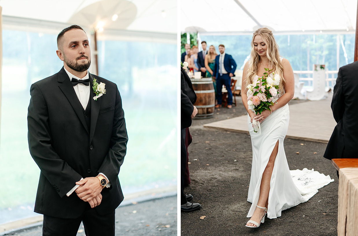 Bride walks down the aisle while the groom smiles at her during their tented ceremony at The Rosemary at Spano Lake