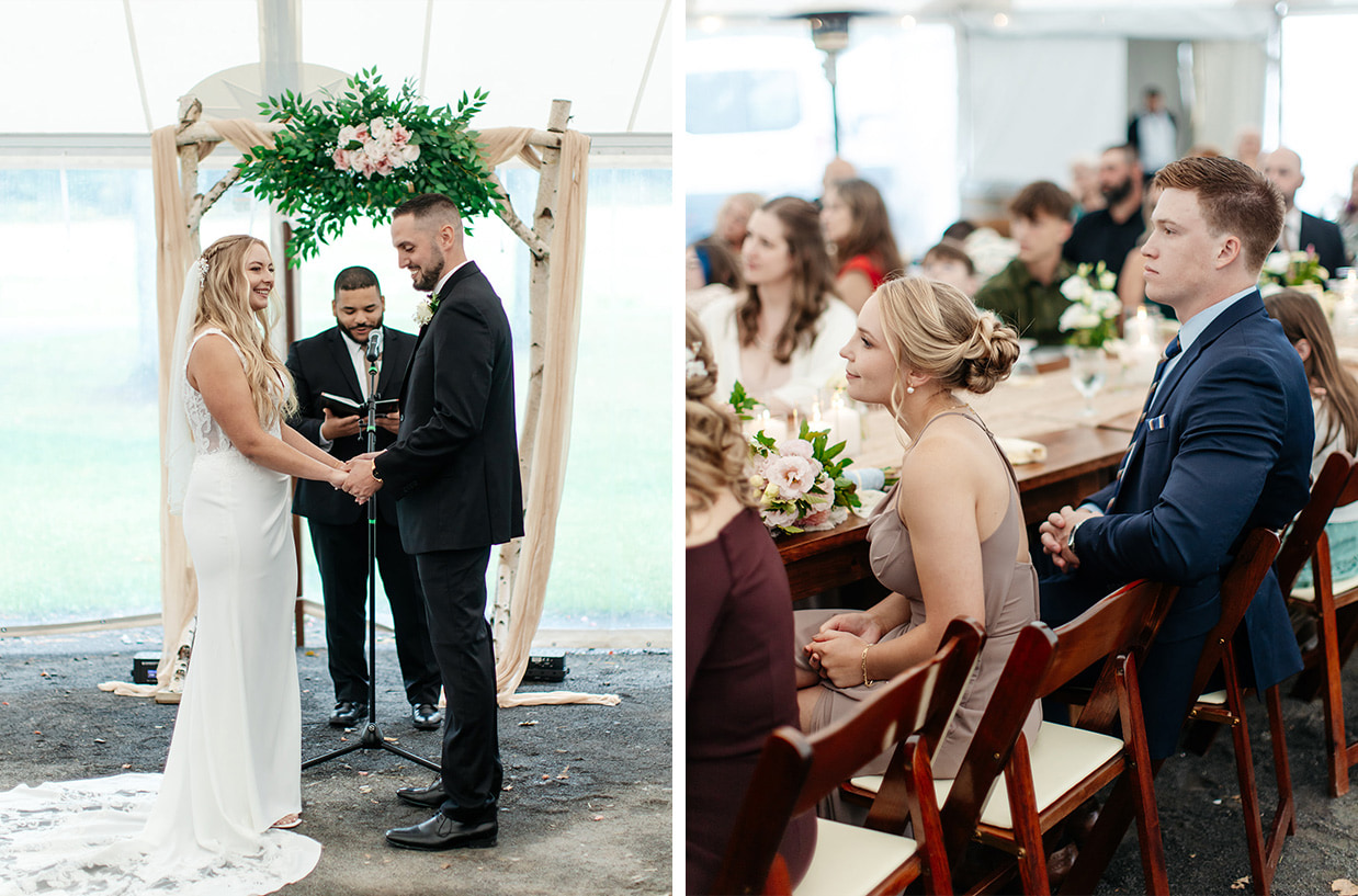 Bride and groom smile and say their vows while guests look on