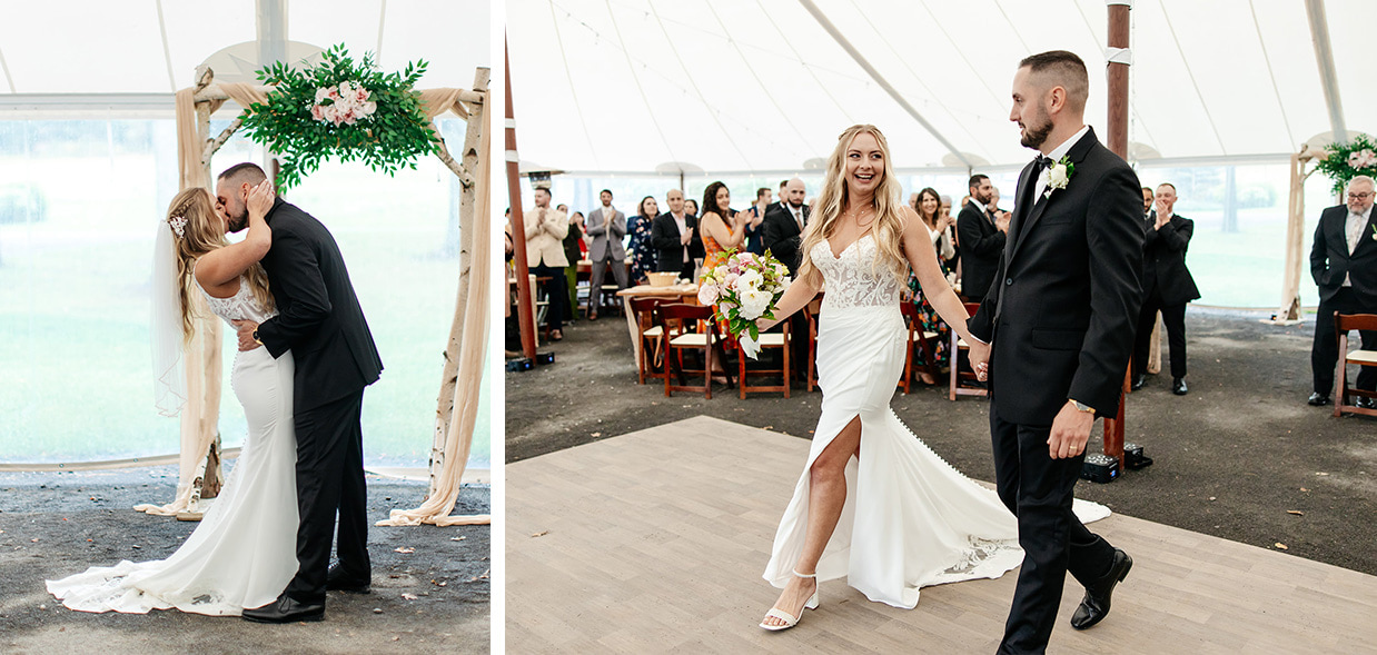 Bride and Groom share their first kiss and walk down the aisle after their tented wedding ceremony at The Rosemary at Spano Lake in Schenevus, NY