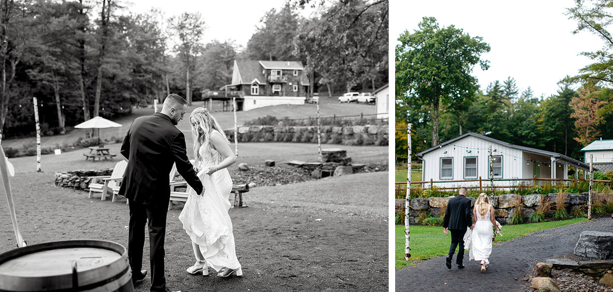 Groom helps bride with her train, and then they walk together up a stone path at The Rosemary at Spano Lake with their backs to the camera