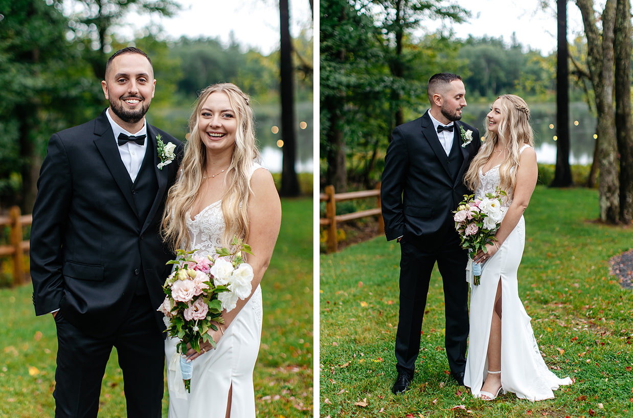 Groom and Bride holding a bouquet of pink and white flowers smile for the camera while standing in front of a lake