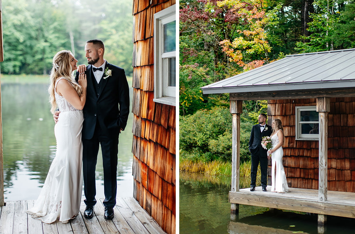 Bride and groom stand on the boathouse porch at The Rosemary at Spano Lake in Schenevus, NY