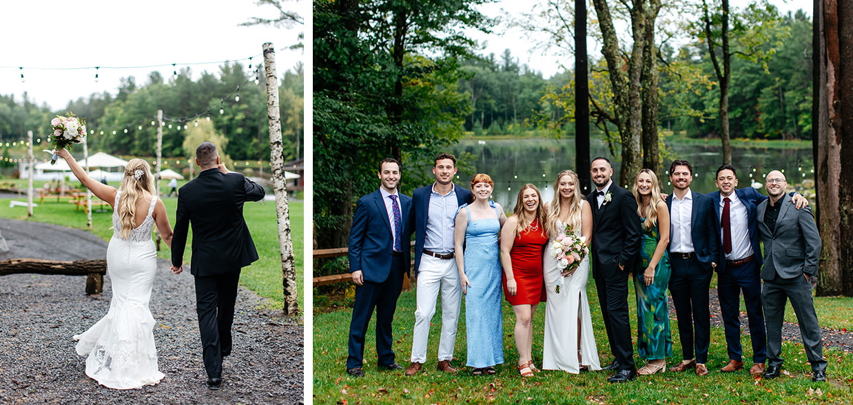 Bride and groom hold hands and the bride cheers with other hand while walking down a stone path at The Rosemary at Spano Lake. They also pose for a group photo with 8 friends