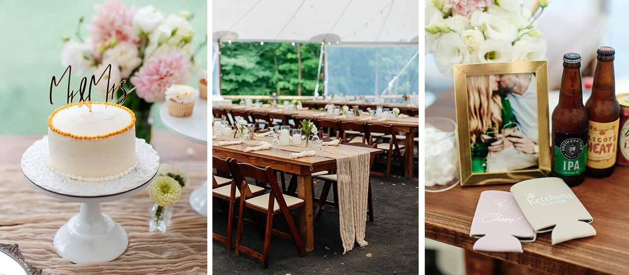 sailcloth reception tent set up with wooden tables and tan table runners. A cake that says Mr and Mrs, and a photo of beer koozies with the couple's name and wedding date on them